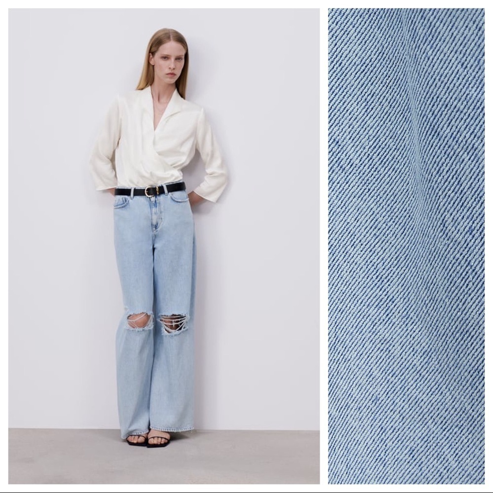 NWT. Zara Light Blue Washed Effect Z1975 Faded Ripped Straight Jeans. Size 2.